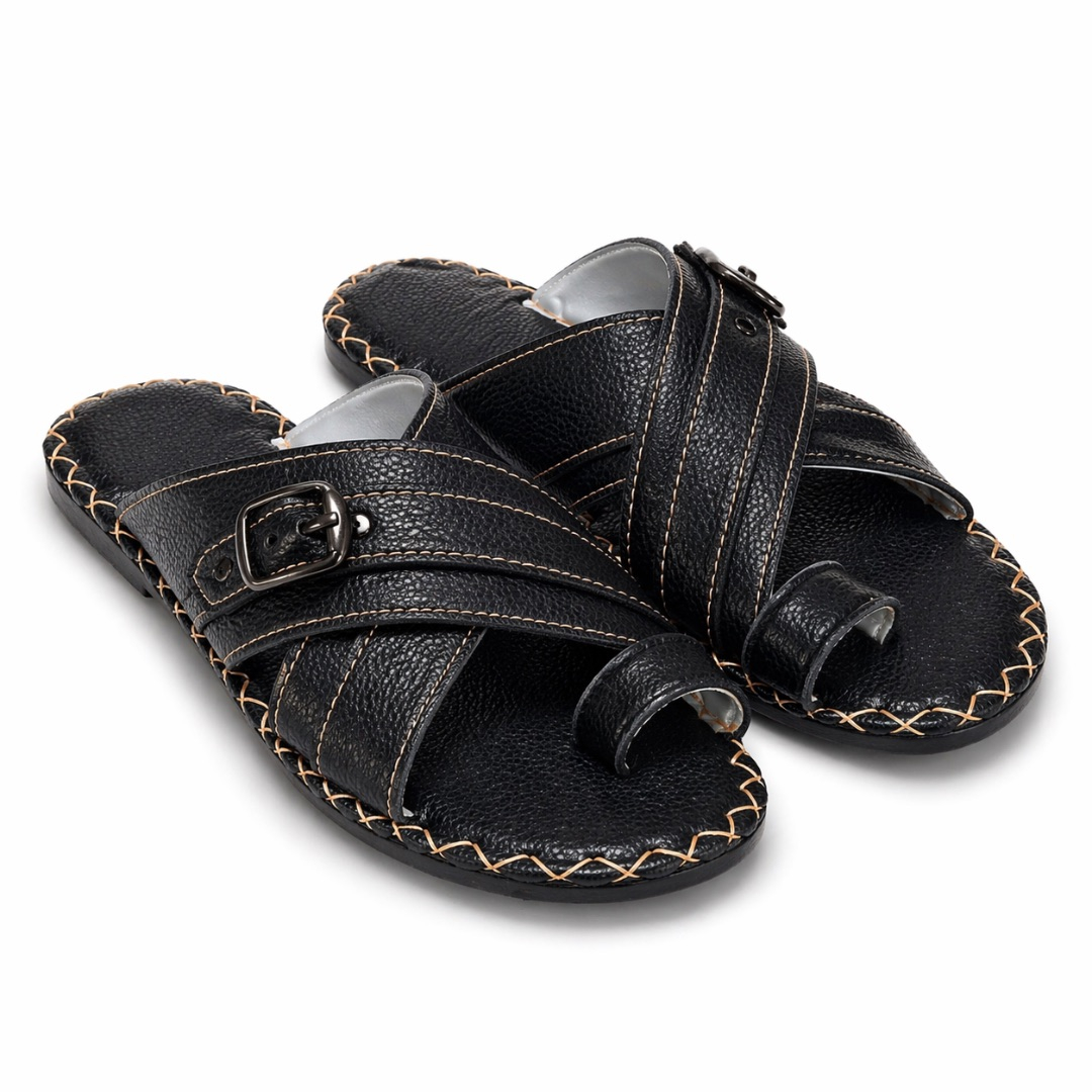 Mens Black Textured Leather  Cross Strap Toe Loop Sandals