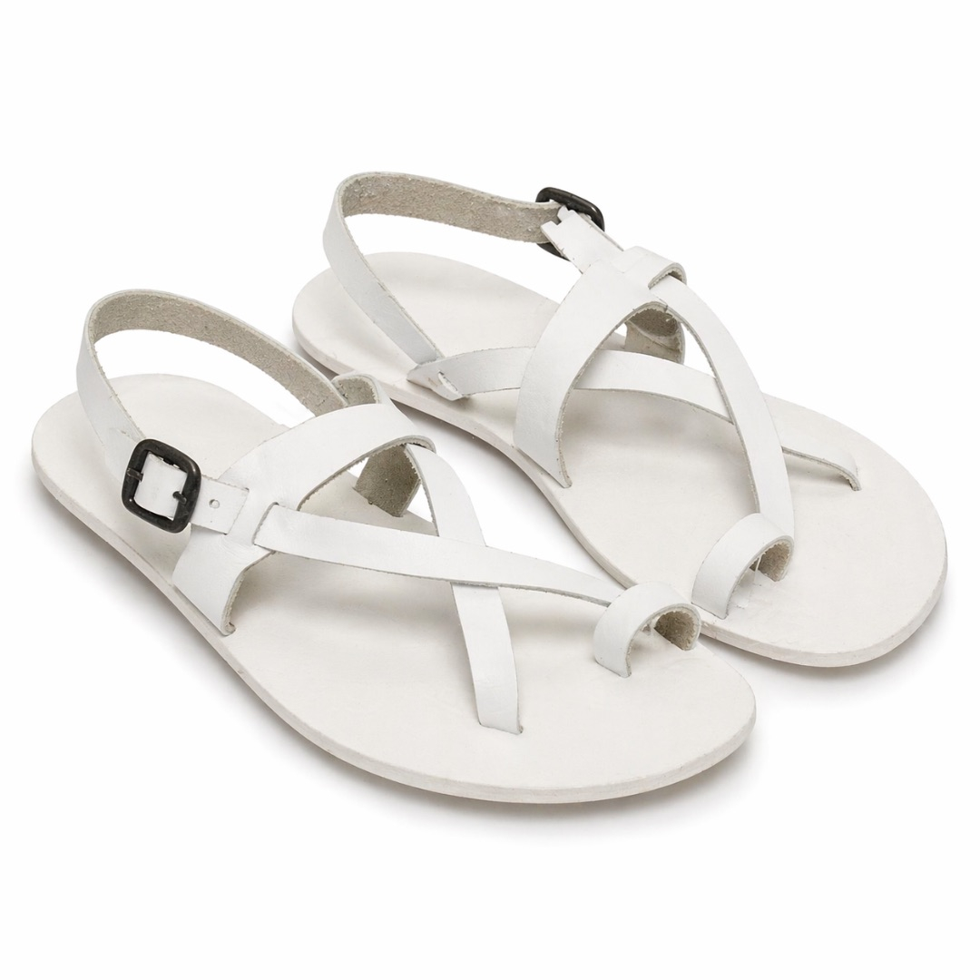 Mens Minimal White Leather Toe Loop Sandals  with Back  Strap
