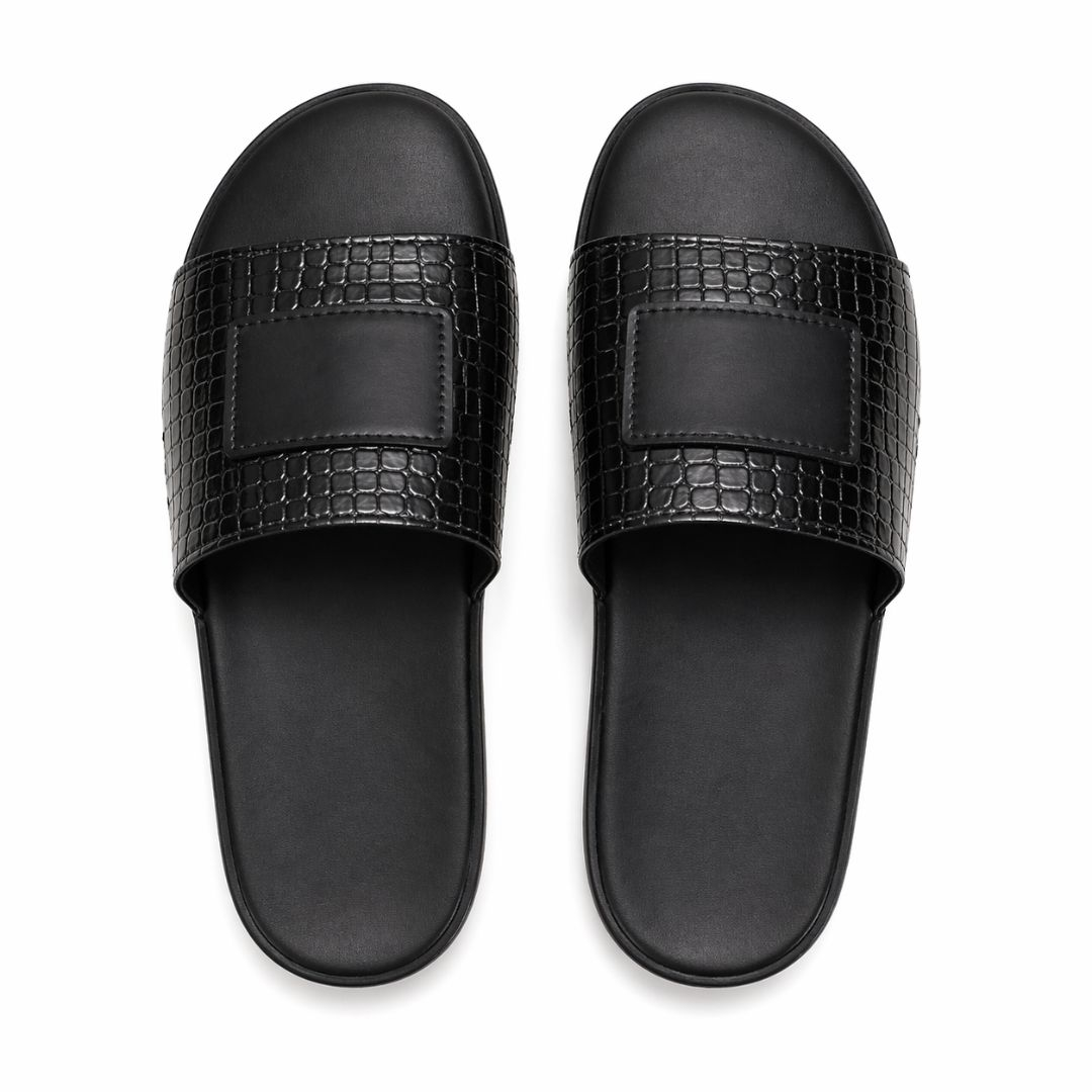 Black Croc Embossed Slide Sandals