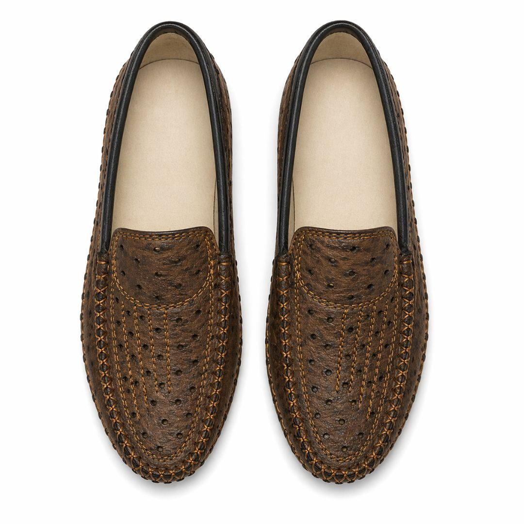 Men Light Brown Leather Loafers with Textured Ostrich Pattern