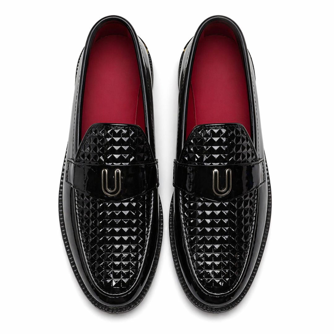 Mens Glossy Textured Slip On Loafers with Metal Accent