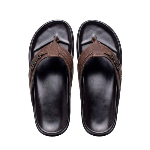 Classic Brown Leather Slide Sandals with Contrast Stitching