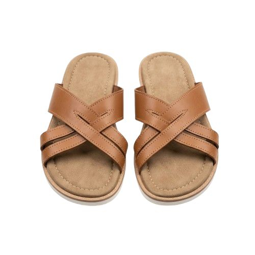 Quality  Tan Criss Cross Leather Slides
