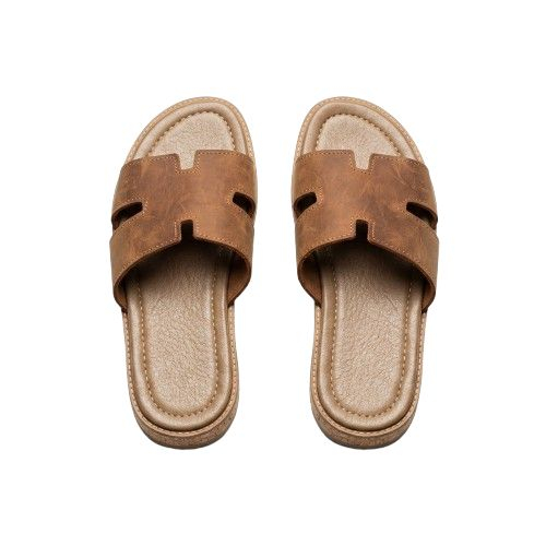 Mens Brown Textured Leather Slide Sandals