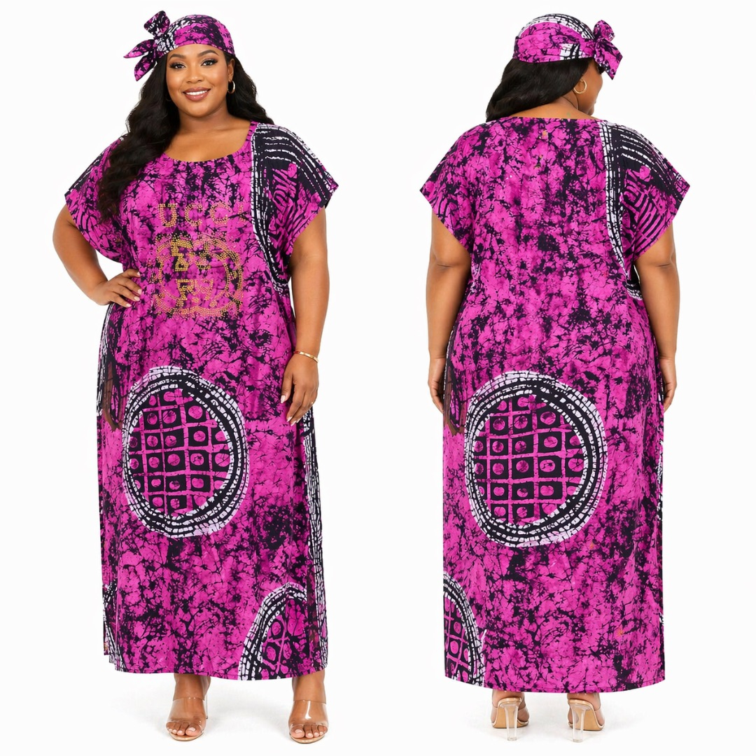 Womens Purple Batik Kaftan Dress with Embellished Front and Matching Scarf