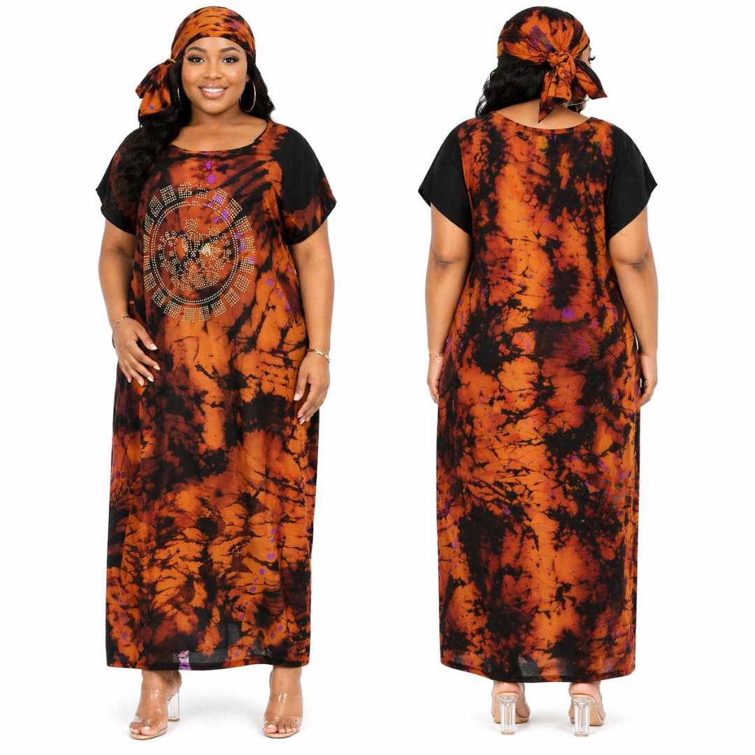 Womens Brown Tie Dye Kaftan Dress with Embellished Front  and  Matching Scarf