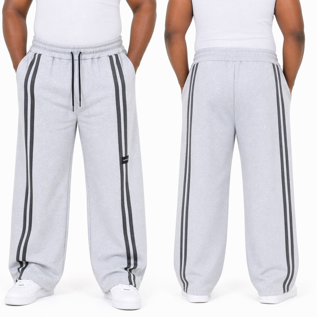 Light Grey Oversized Wide Leg Fleece Sweatpants with Double Side Stripes