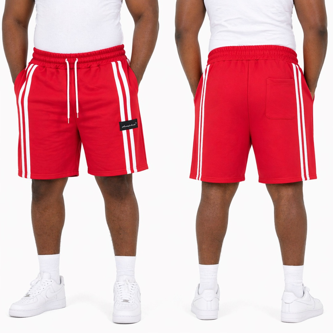 Unisex Red Sport Shorts with Side Stripes and Drawstring Waist