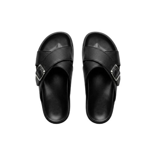 Mens Black Leather Slippers with Buckle Detail