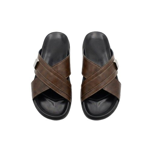 Brown Cross Strap Leather Slides