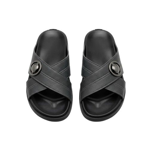 Mens Criss Cross Strap Leather Slides with Metallic Detail