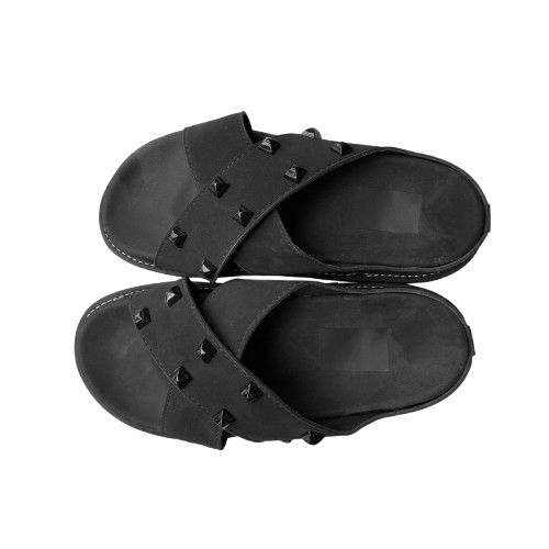 Mens Black Cross Strap Studded Slide Sandals