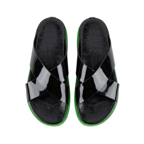 Criss Cross Black Patent Slides with Neon Sole