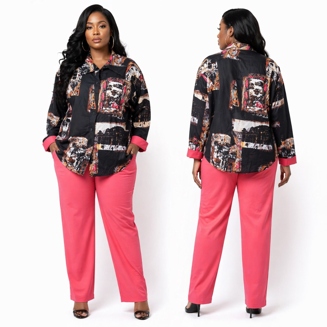 Printed Button Up Shirt & Pink Straight Leg Pants Two Piece Set