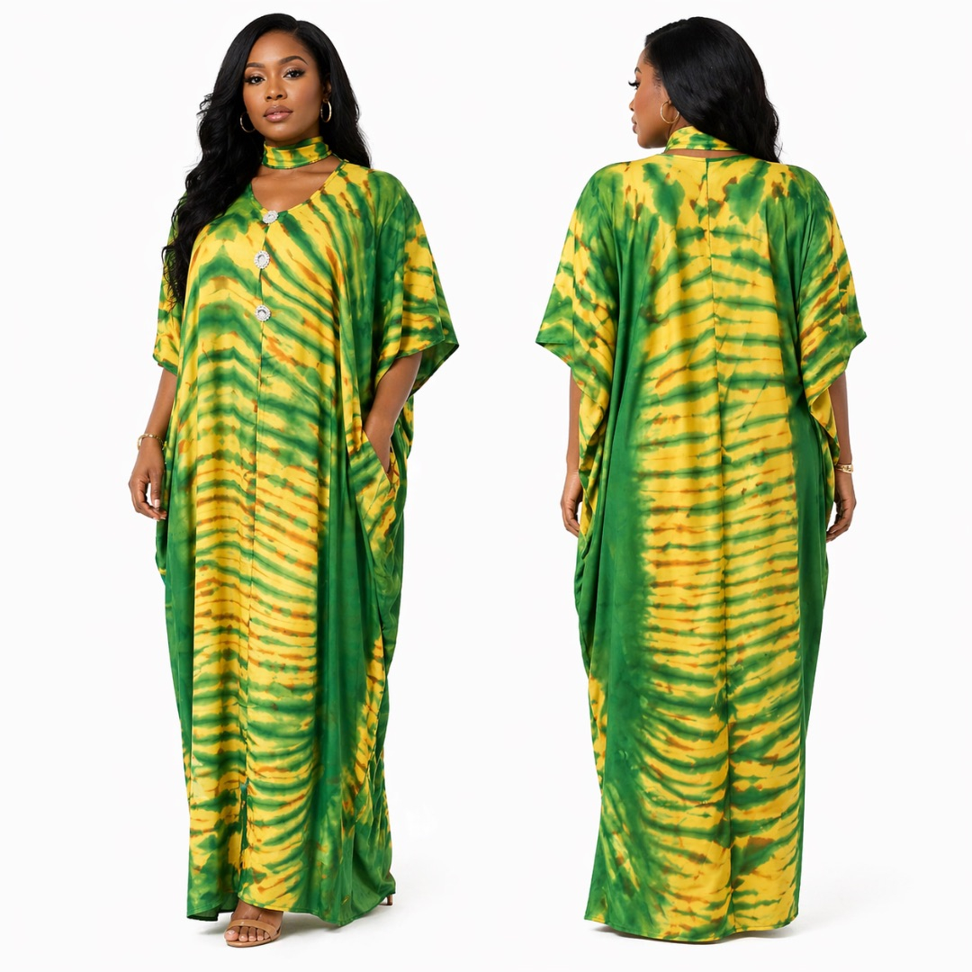 Womens Green & Yellow Tie Dye Maxi Kaftan Dress with Choker Neck Detail