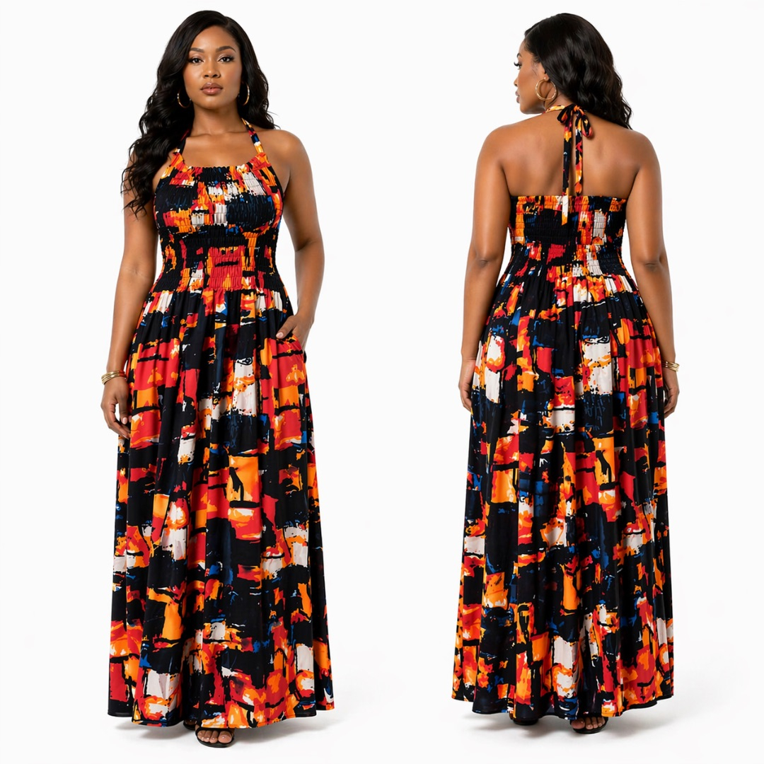 Womens Abstract Print Halter Neck Smocked Maxi Dress with Pockets