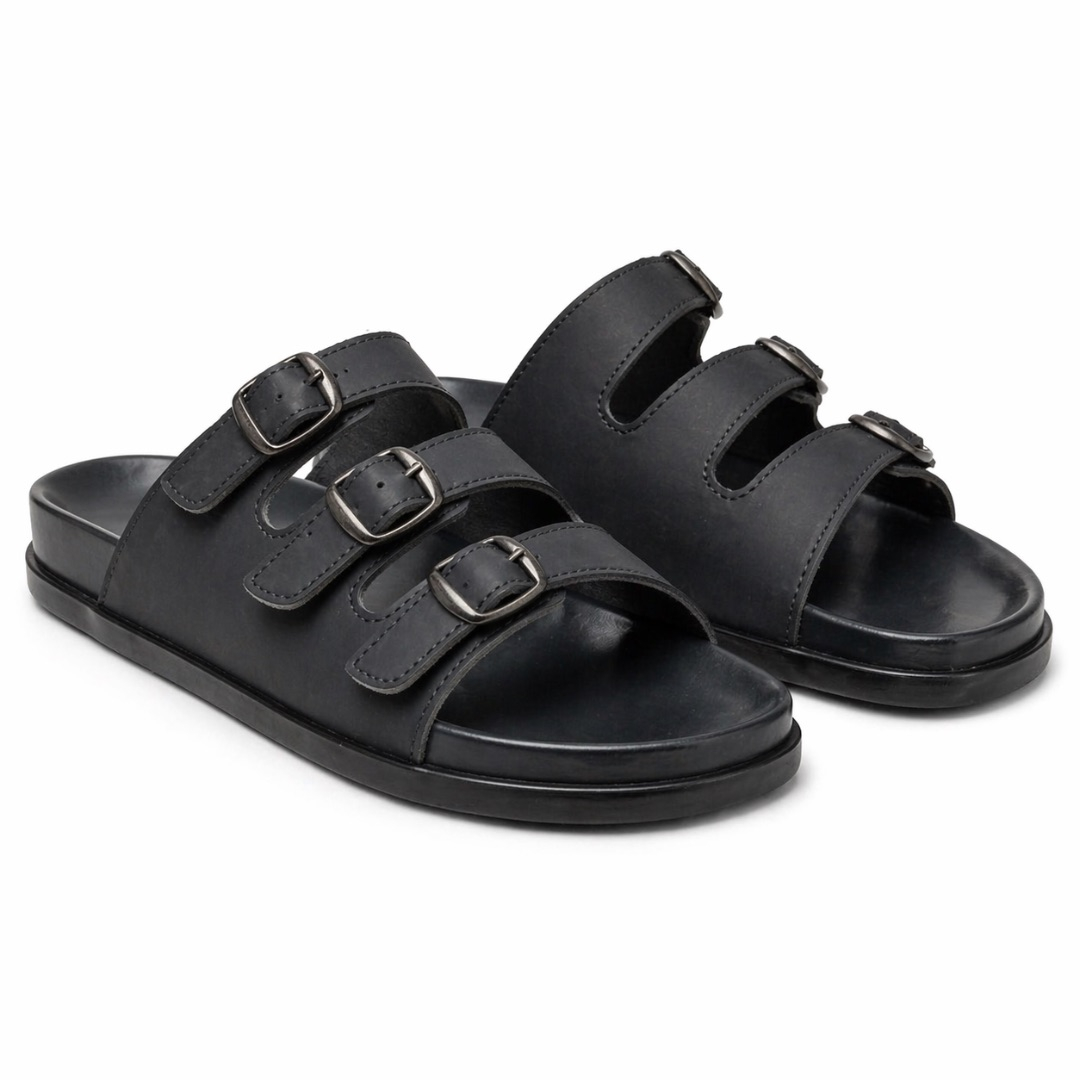 Classic Black Triple Strap Buckle Leather Slide Sandals