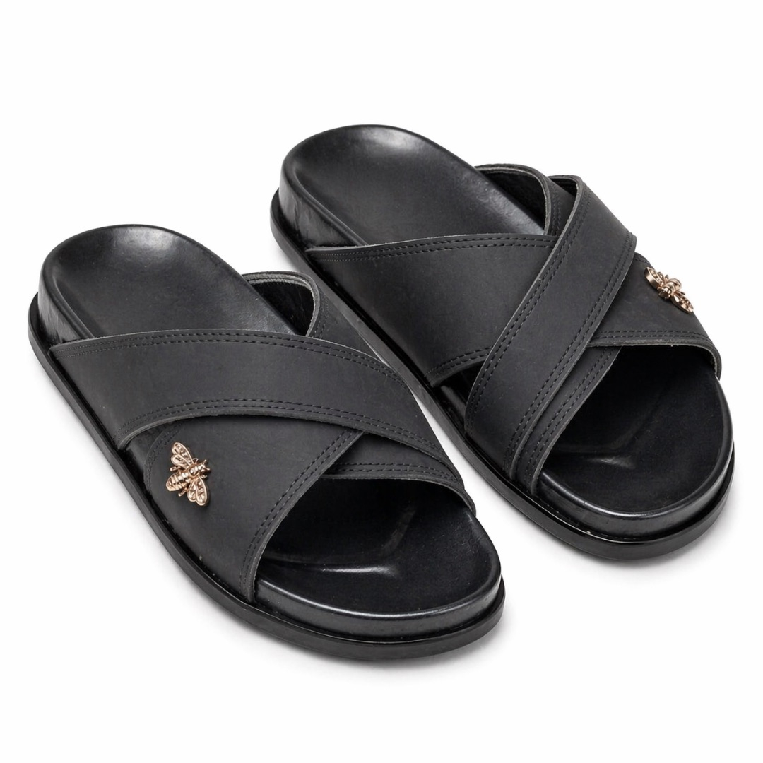 Minimal Black Cross Strap Leather Slide Sandals