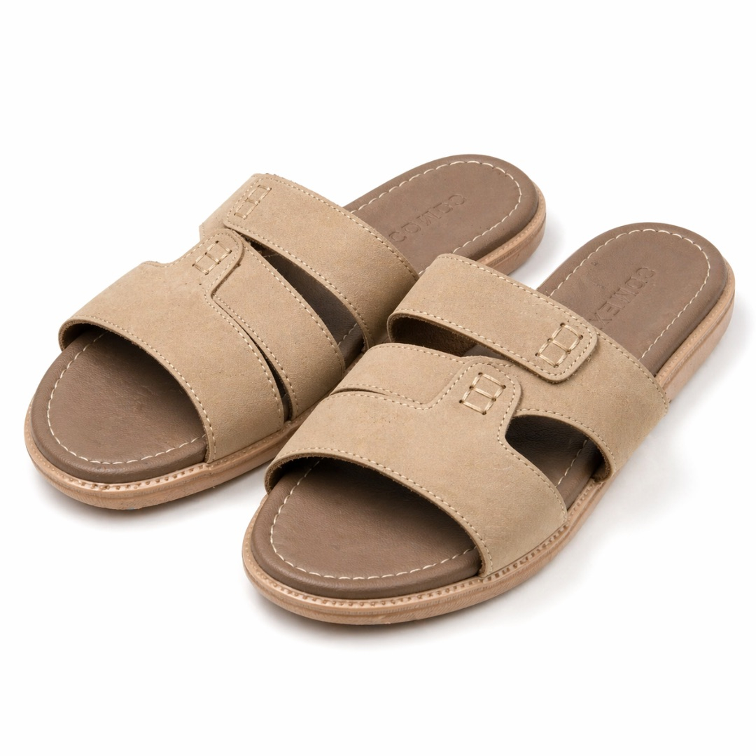 Classic Sand brown Double Strap Cut Out Leather Slide Sandals