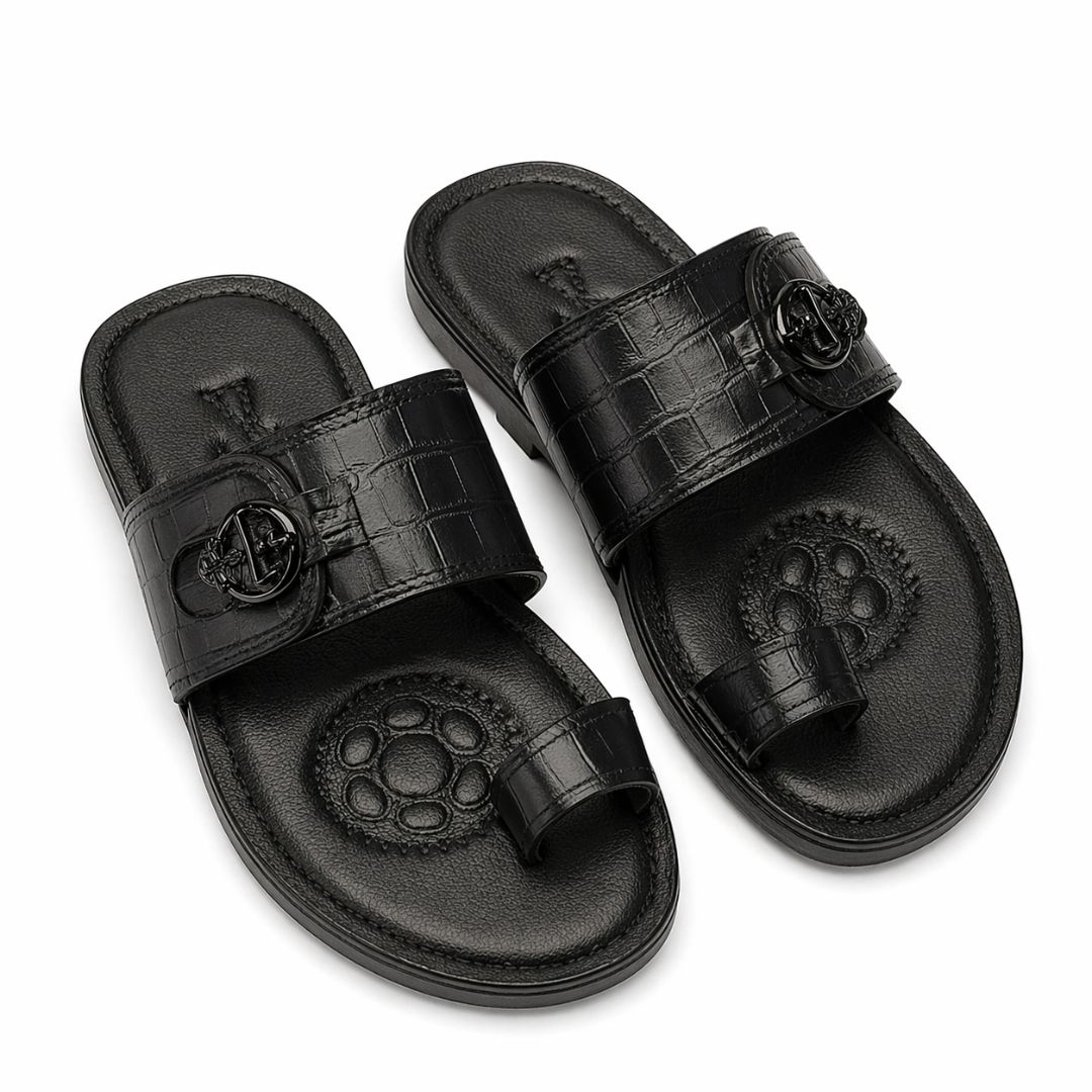 Premium Black Textured Leather Slide Sandals