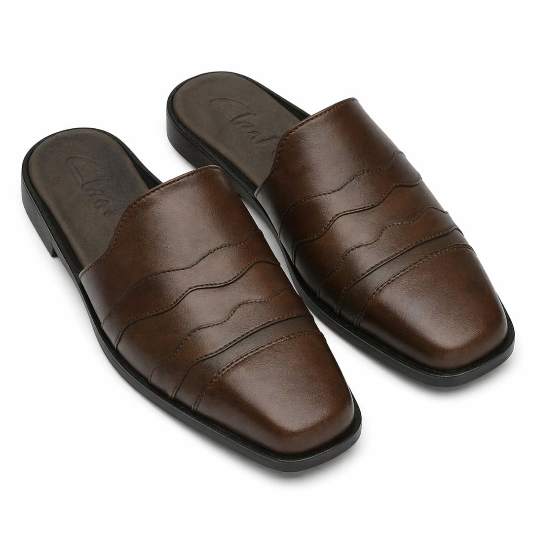 Mens Brown Leather Slip On Mule Loafers