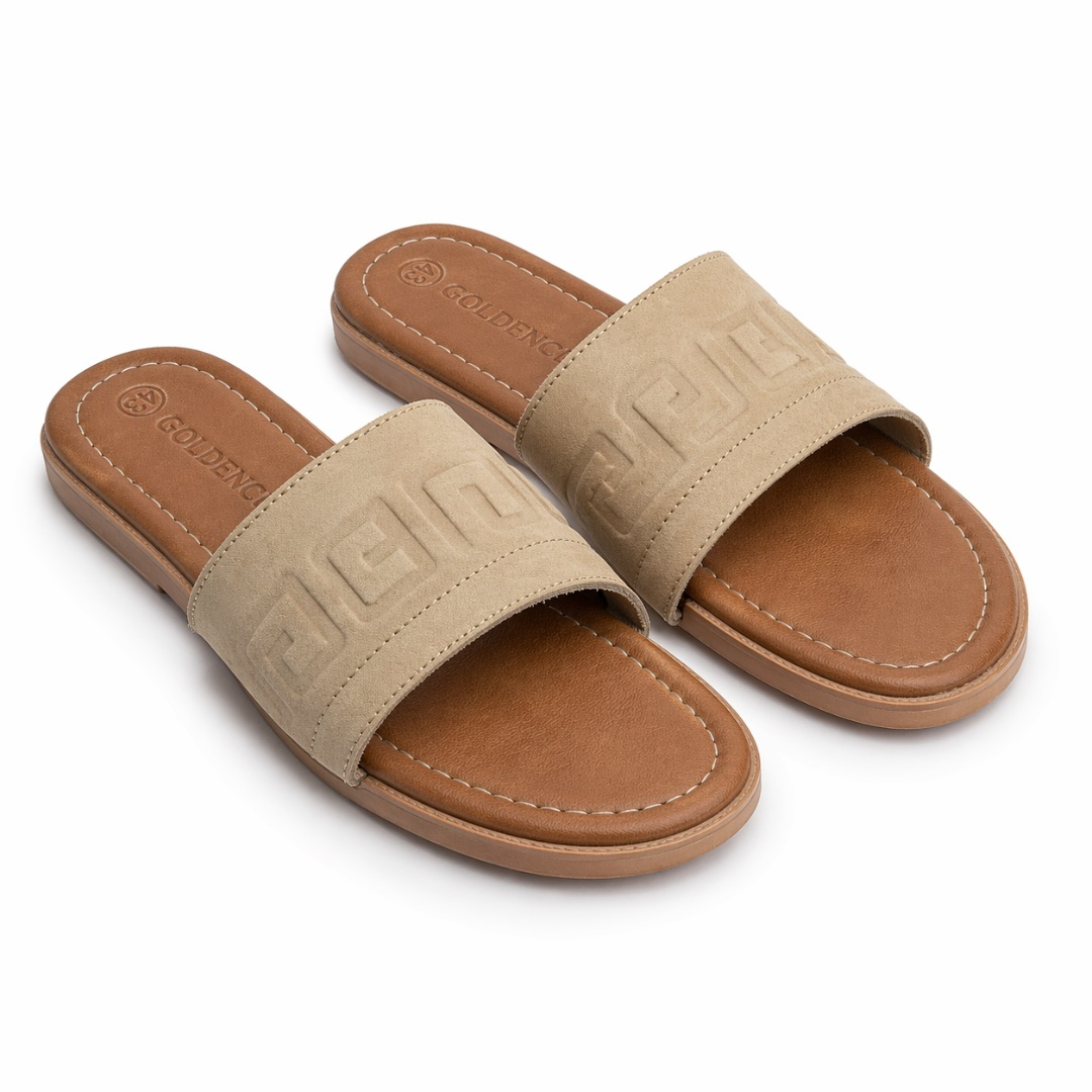 Classic sand Beige Embossed Wide Strap Leather Slide Sandals