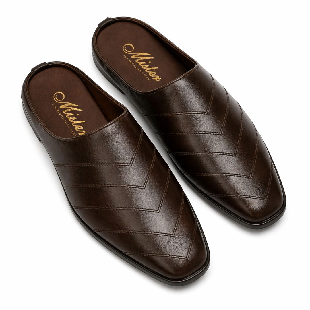 Mens Brown Leather Slip On Mule Shoes