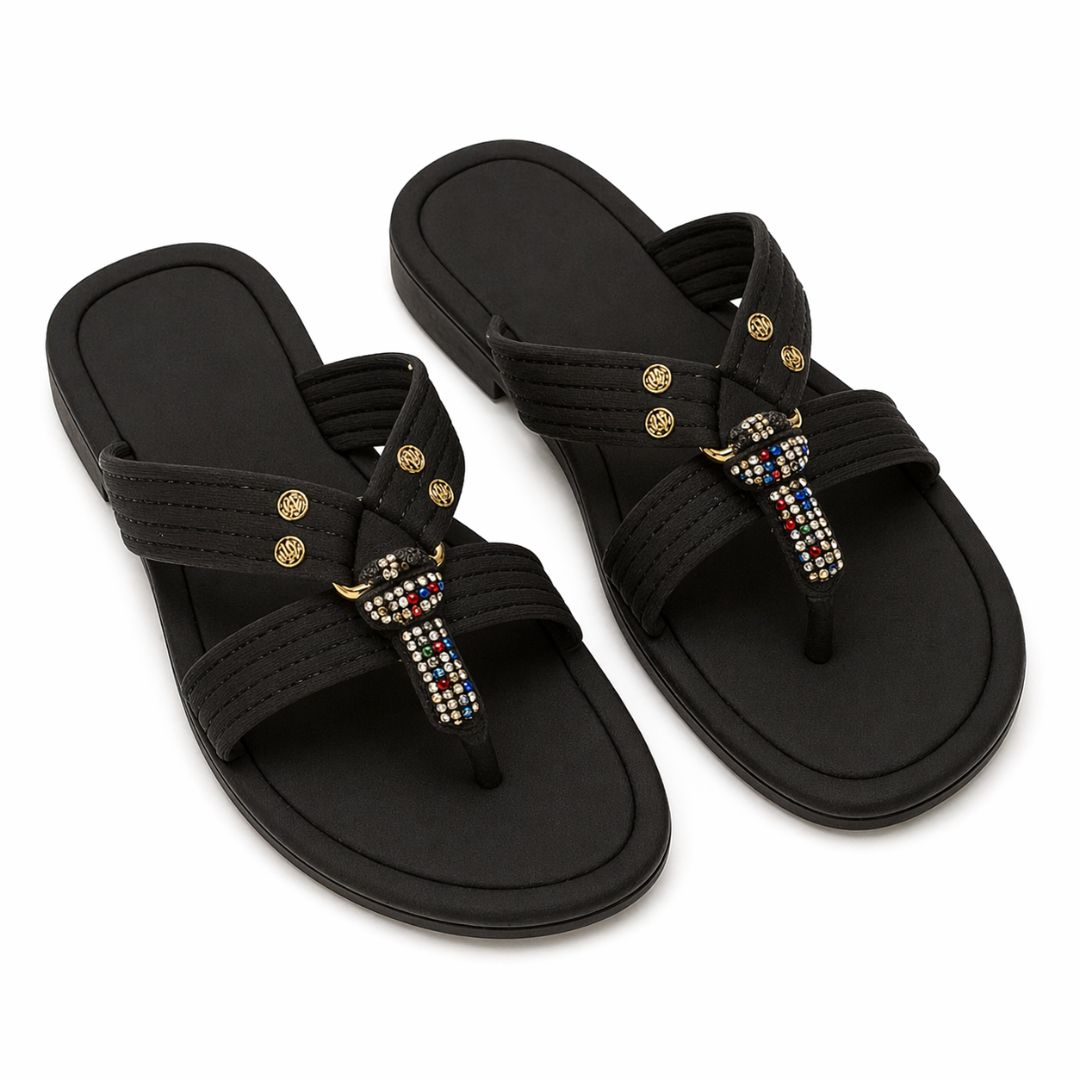 Black Rhinestone Cross Toe Sandals