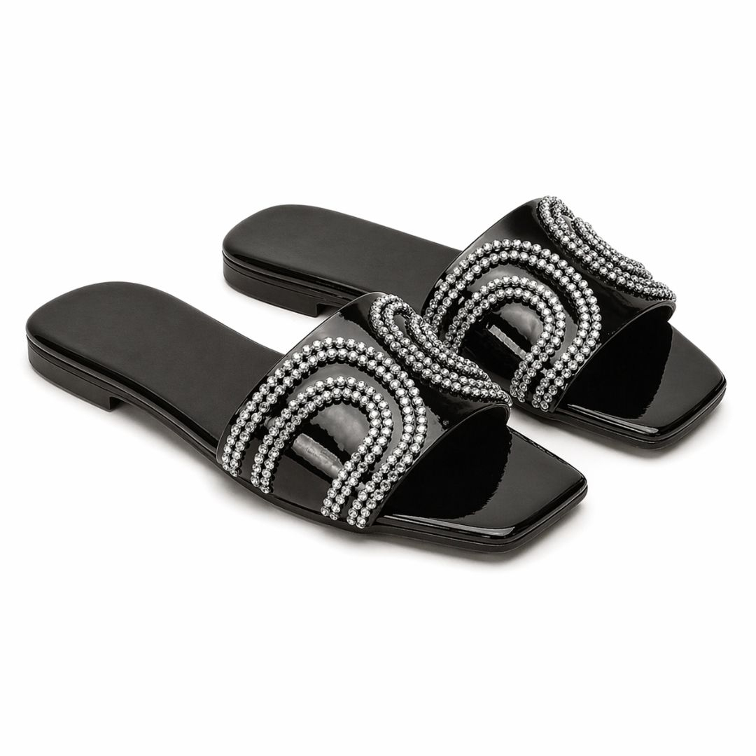 Black Glossy Slide Sandals with Silver Rhinestone Straps