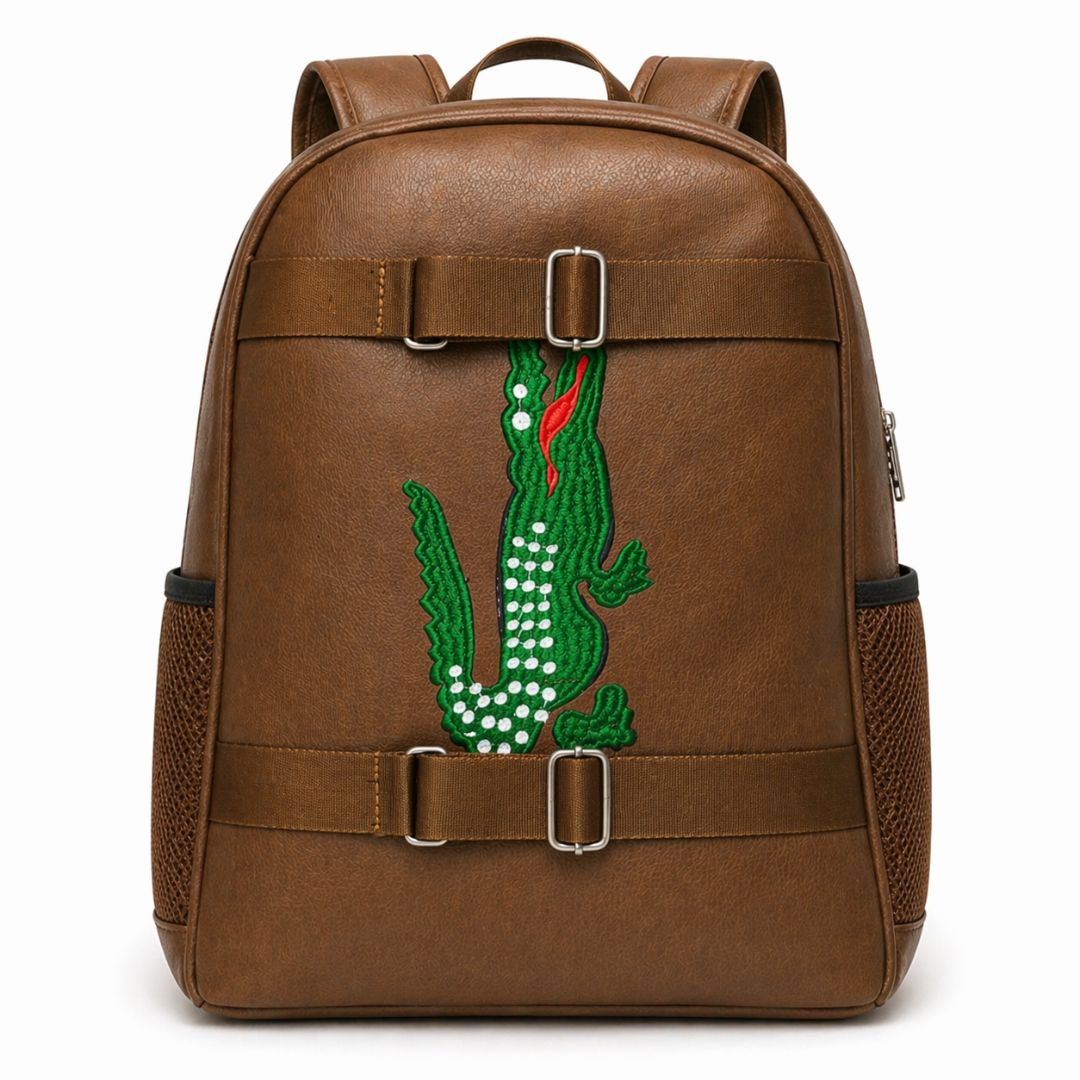 Brown Faux Leather Sling Bag with Embroidered Animal Motif