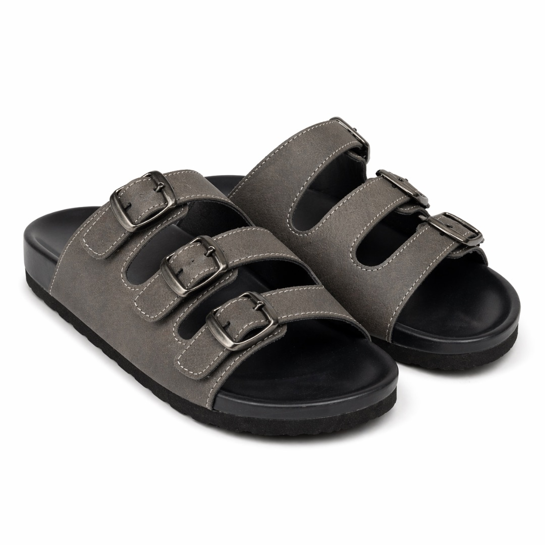 Charcoal Grey Triple Buckle Cut Out Leather Slide Sandals