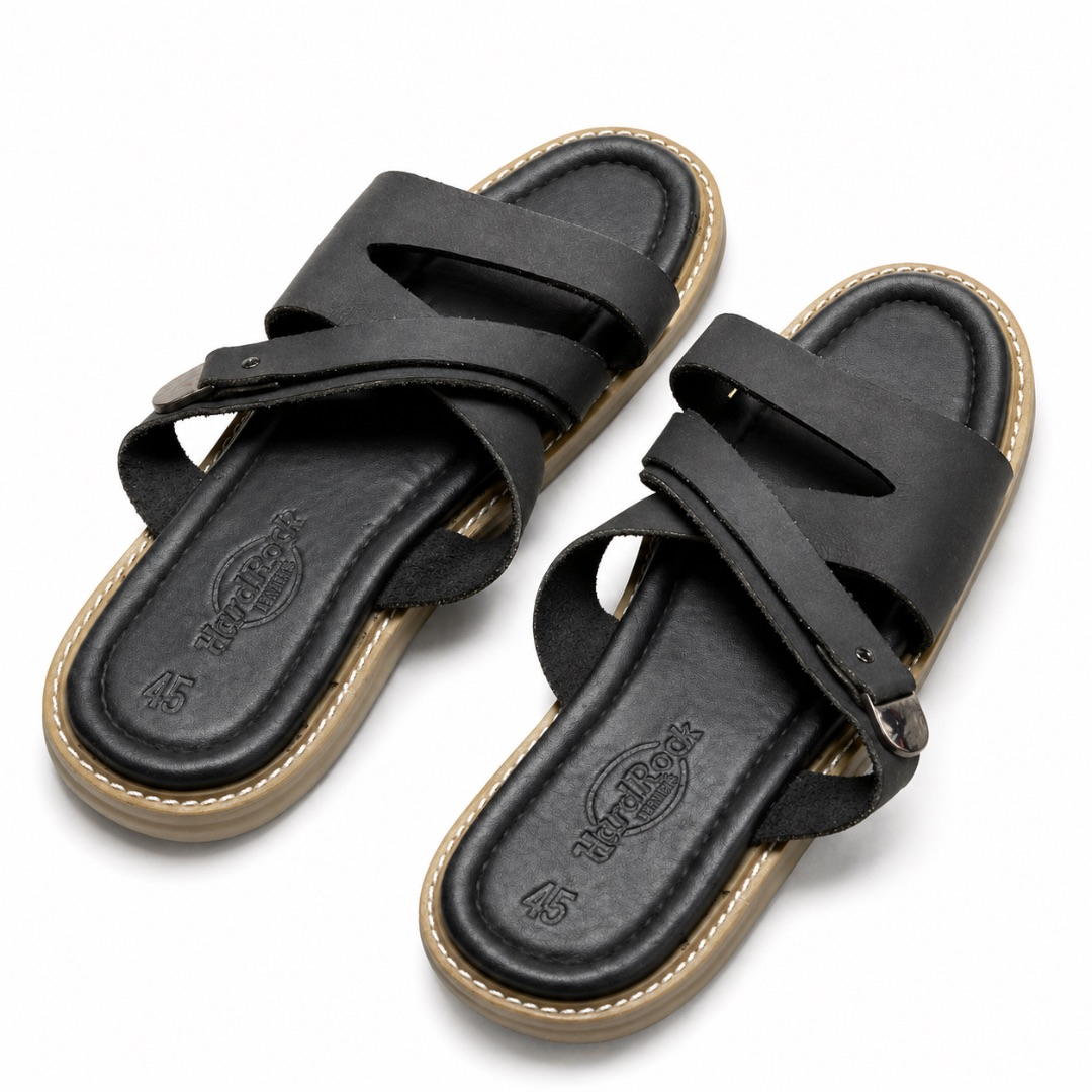 Minimal Matte black Cross Strap Adjustable Leather Sandals