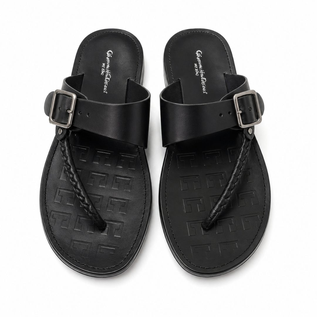 New Genuine Leather Black Slide Sandals with Buckle Strap and Woven Toe Post
