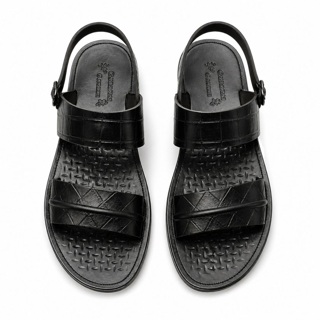 Quality Men Black Crocodile Embossed Leather Slingback Sandals