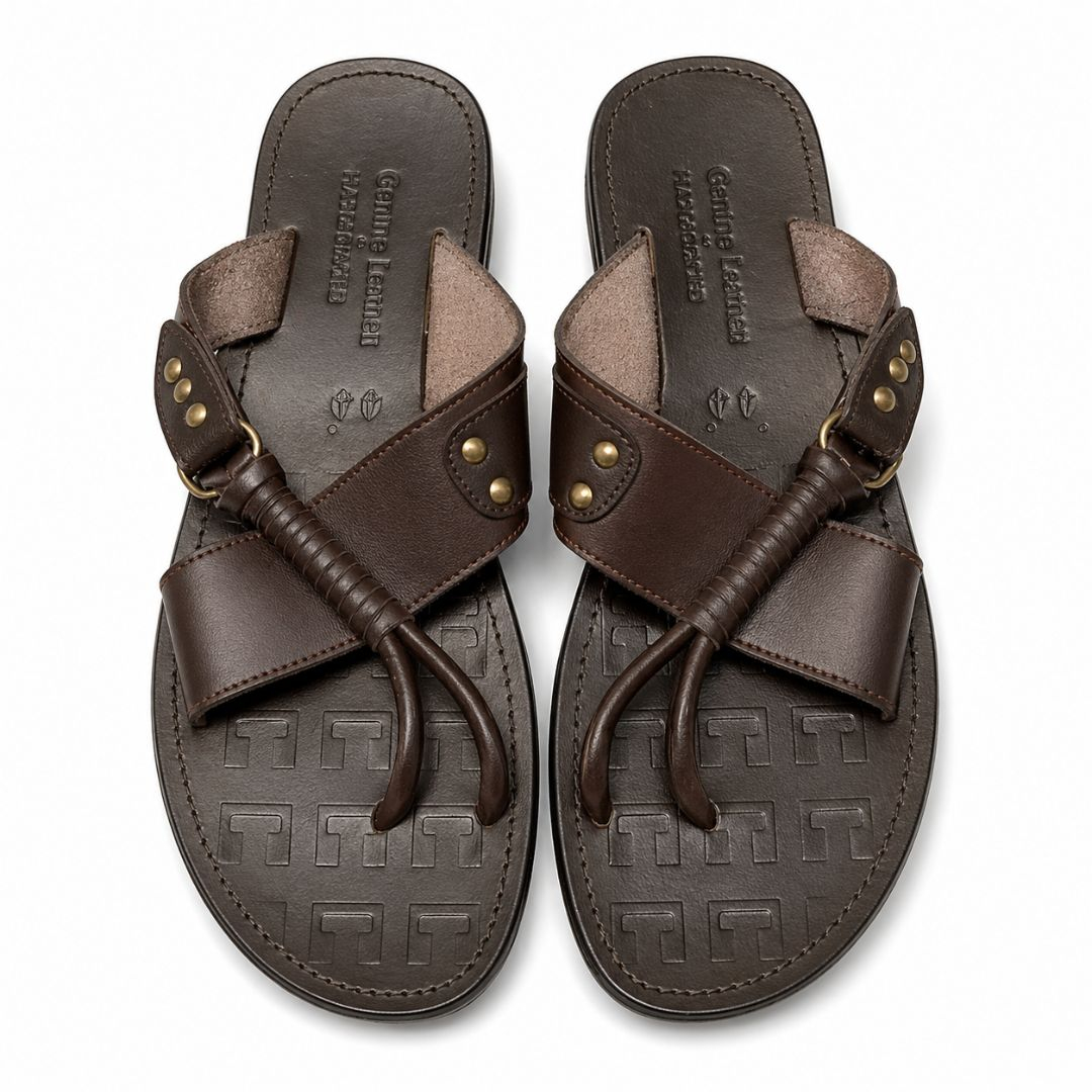 Quality Men Dark Brown Leather Toe Loop Sandals with Stud Detail