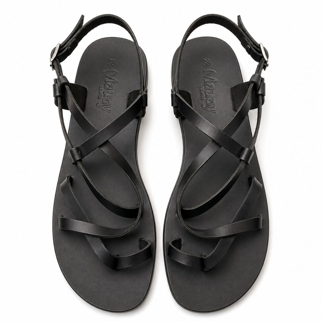 Minimalist Black Leather Ankle Strap Flat Sandals