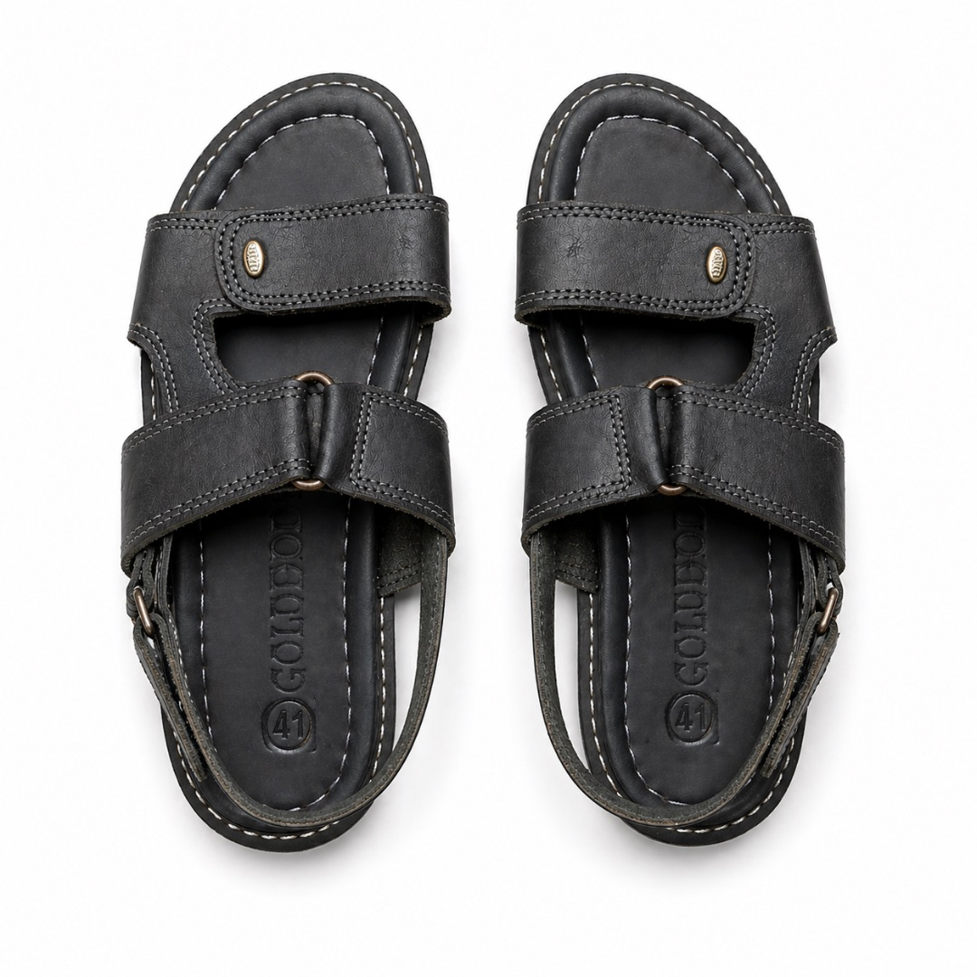 Mens Classic Black Leather Strap Sandals