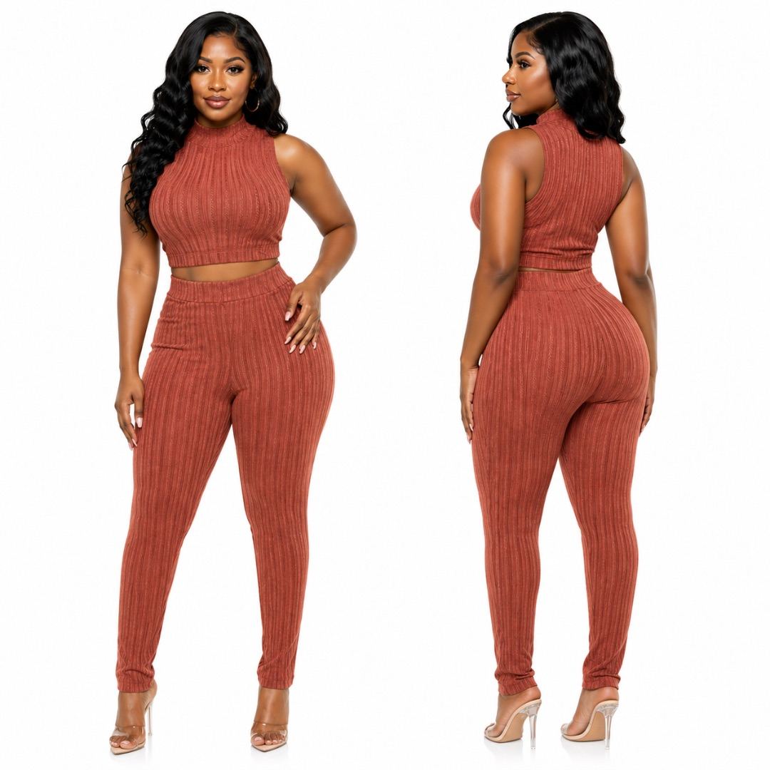 Womens Ribbed Two Piece Pant Set      Sleeveless Crop Top and High Waist Trousers    Rust Brown