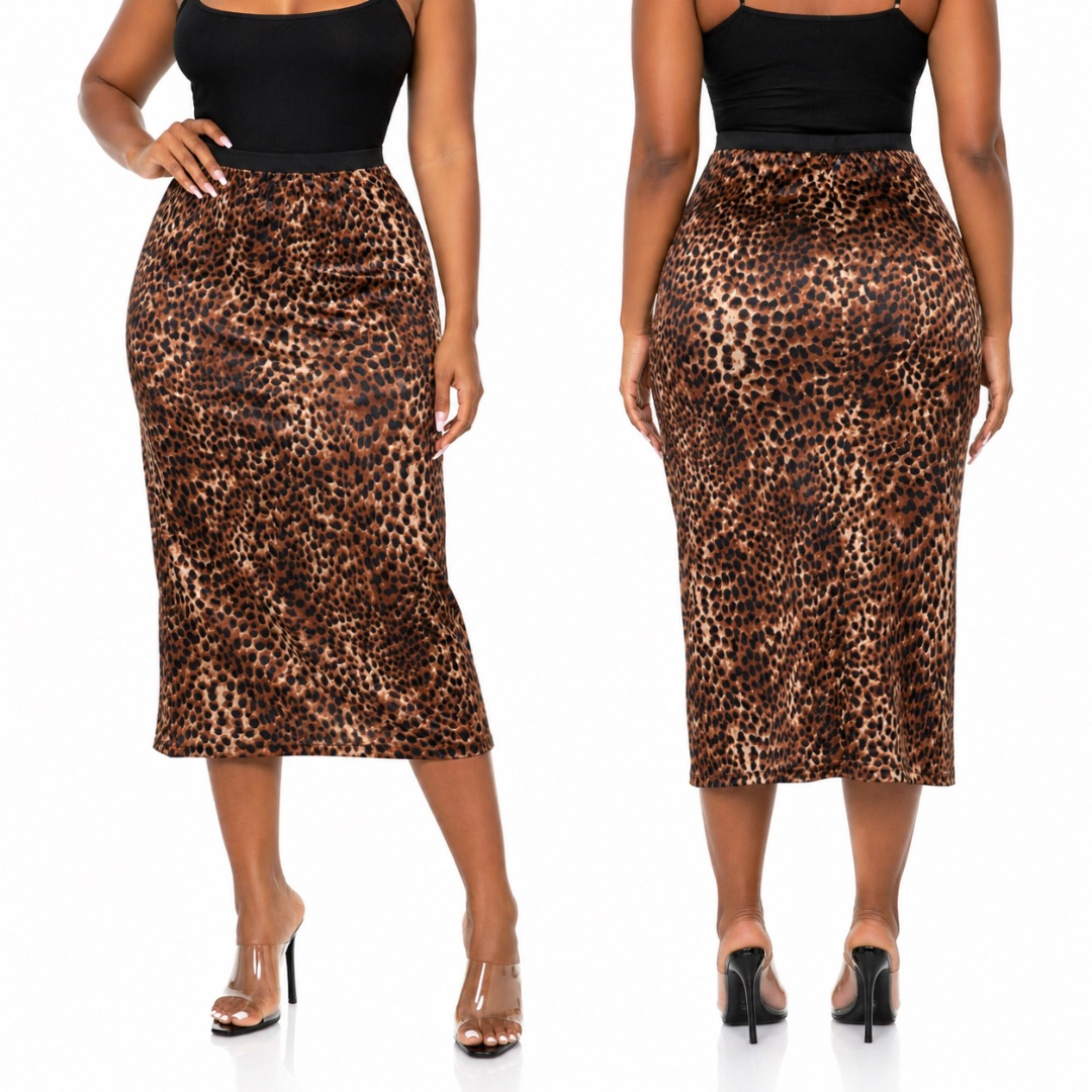 Womens Leopard Print Midi Skirt        High Waist Satin Finish    Brown and Black
