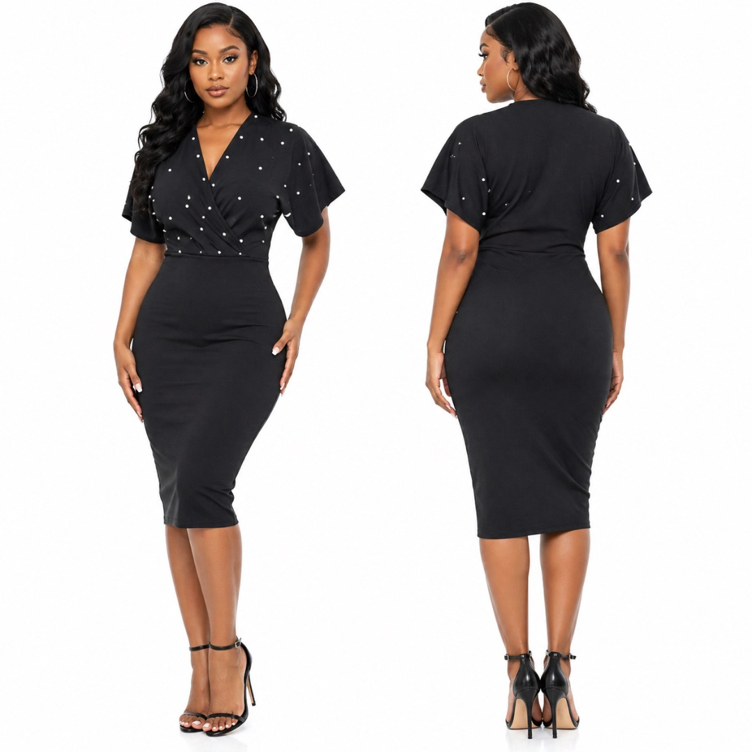 Womens Wrap Bodycon Dress      Polka Dot Short Sleeve Midi Dress    Black