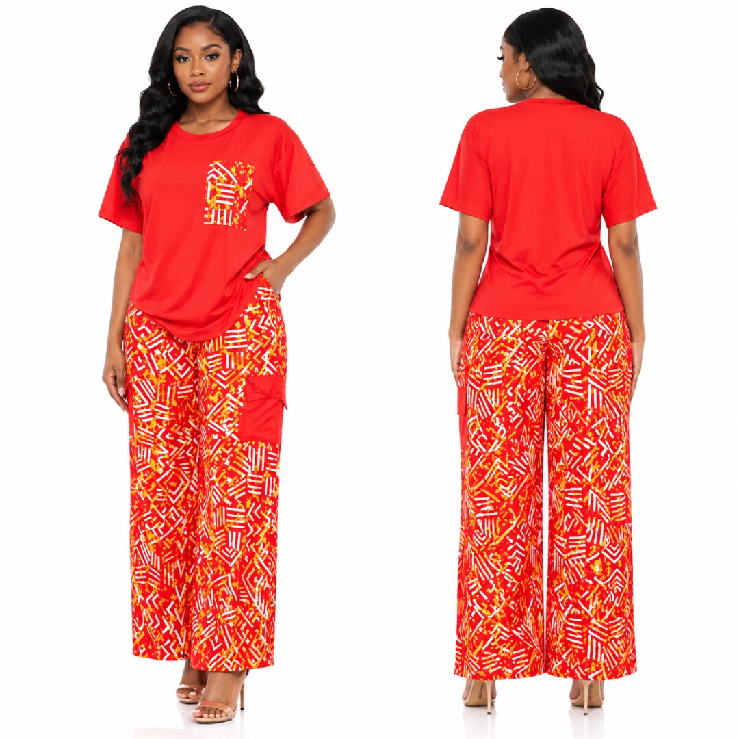 Womens Ankara Lounge Set     Short Sleeve Top and Wide Leg Pants    Red Print