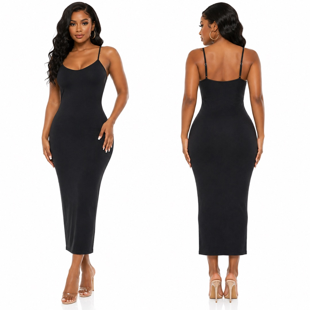Womens Bodycon Midi Dress       Spaghetti Strap Sleeveless Dress    Black