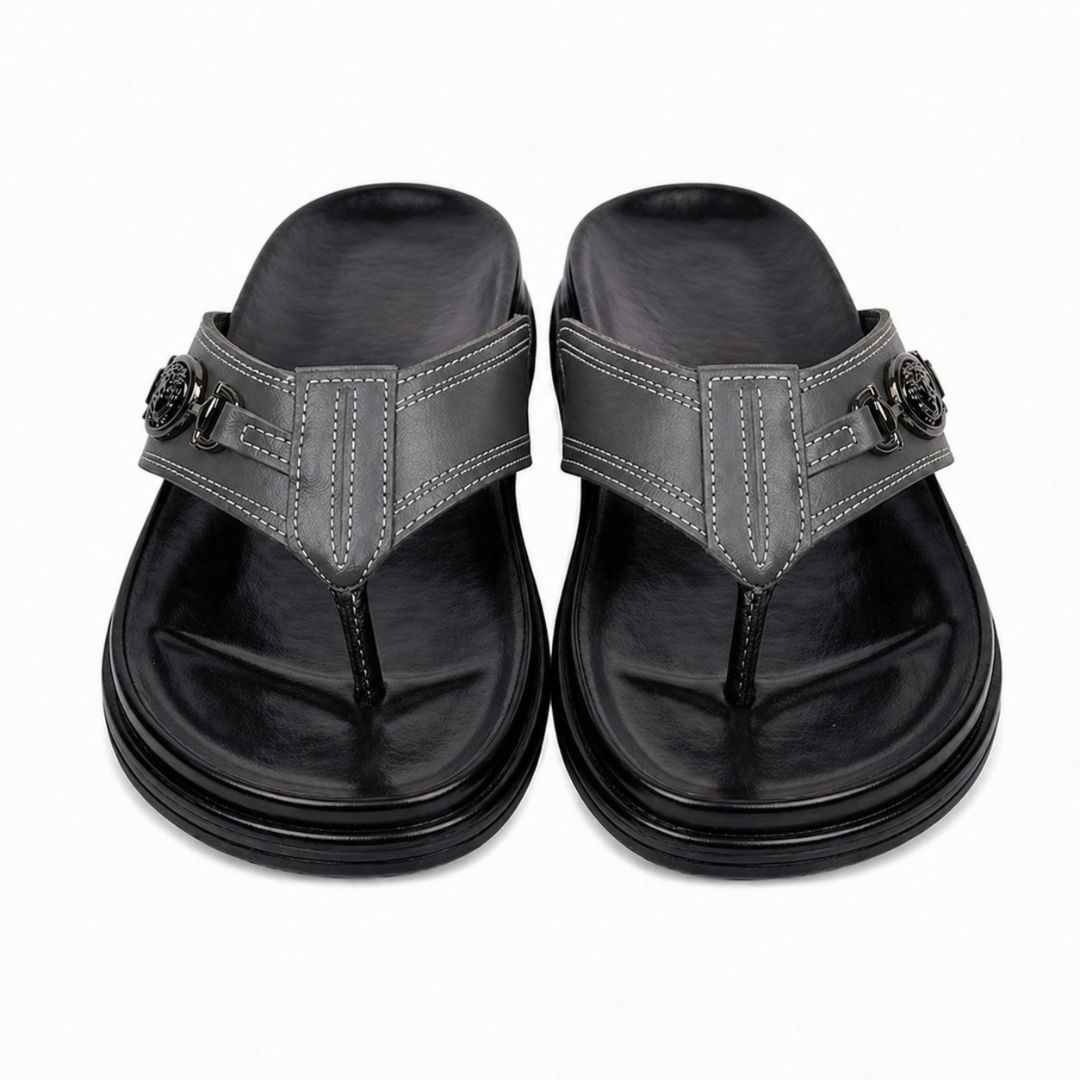 Classic dark grey Leather Slide Sandals with Hardware Detail