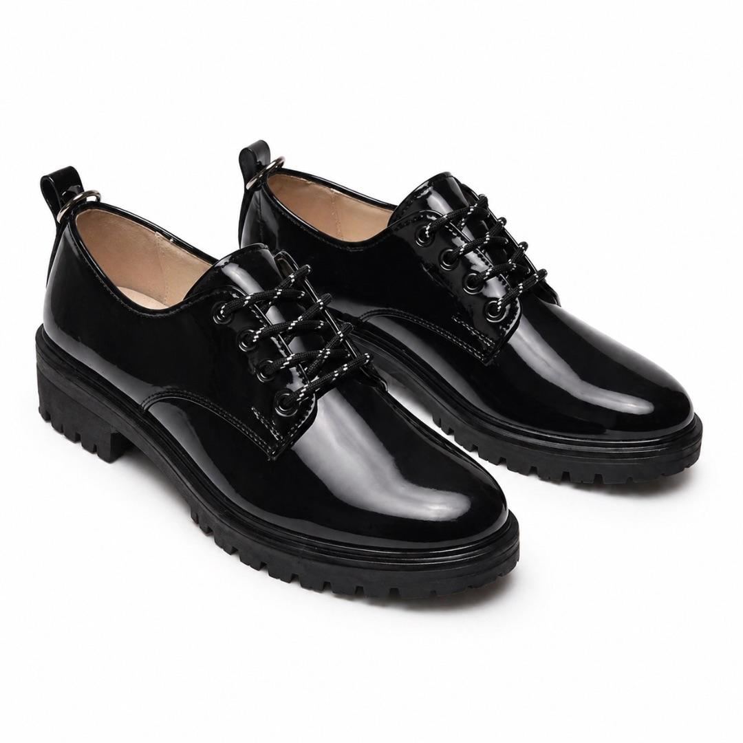 Premium Glossy Black Lace Up Shoes  with Chunky Sole