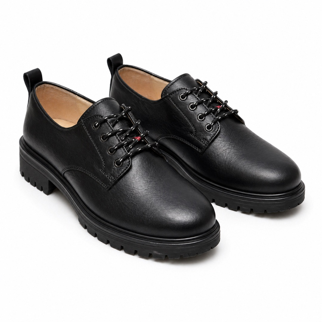 Classic Matte Black Lace Up Derby Shoes with Chunky Sole