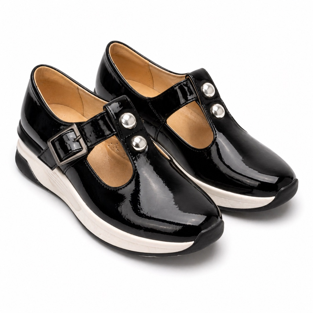 Quality Glossy Black TStrap Buckle Shoes