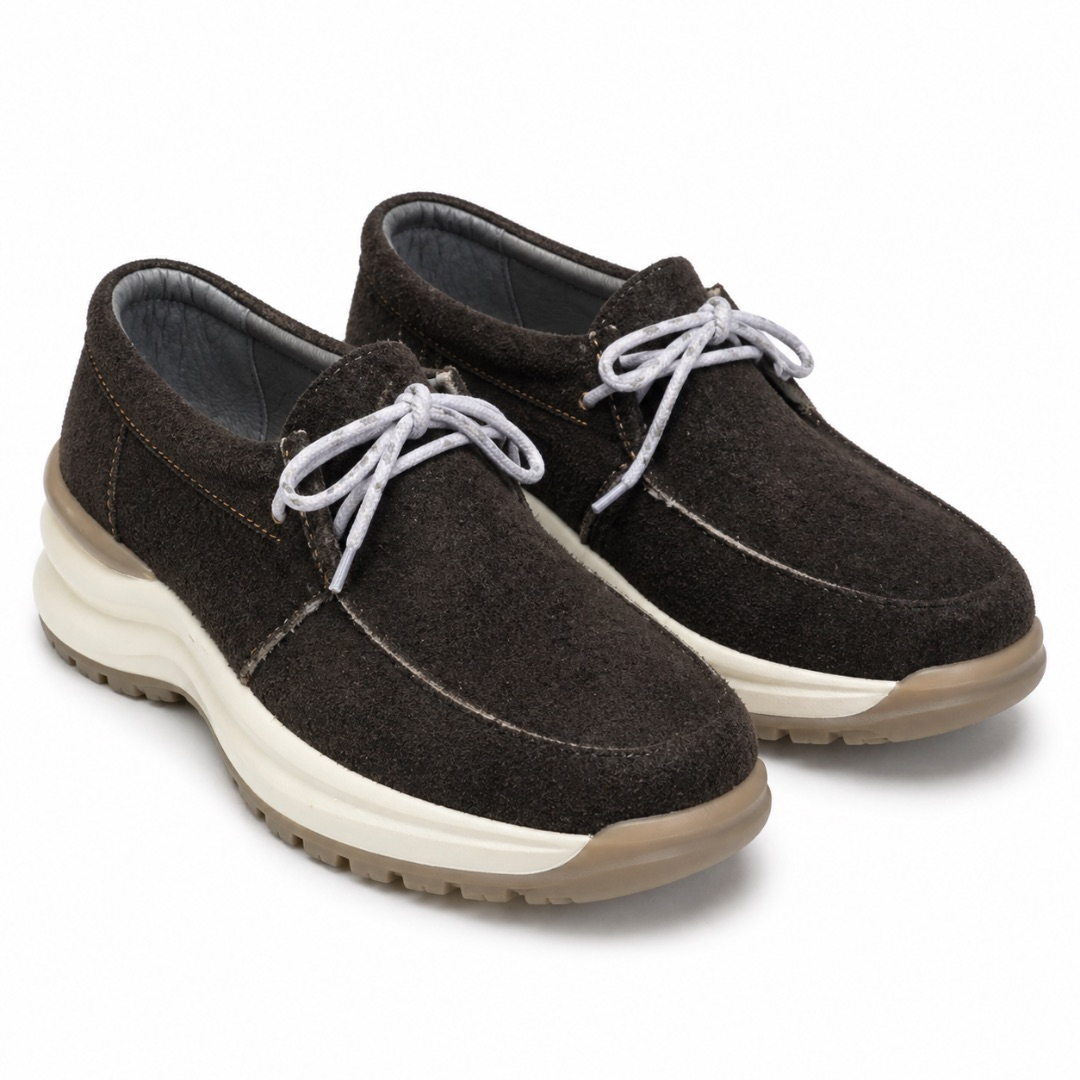 Dark Brown Textured Soft Fabric Lace Up Comfort Shoes With Chunky Sole