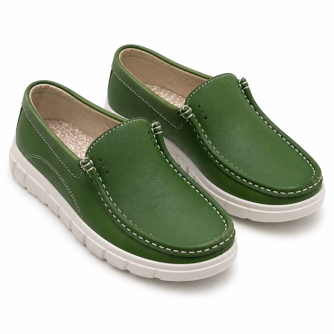 Vibrant Green Slip On Moccasin Loafers with white sole