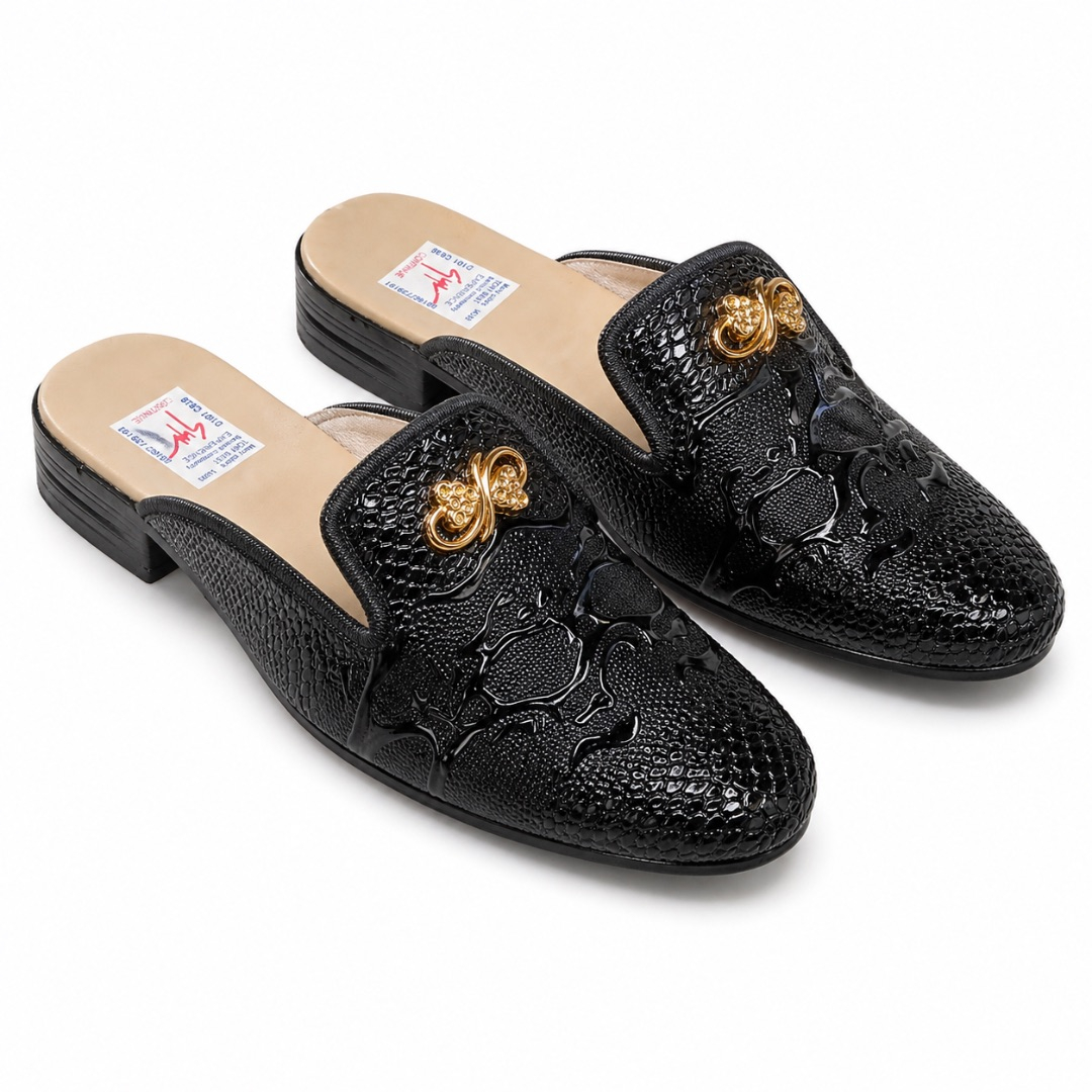 Glossy Black Embossed Slide Loafers
