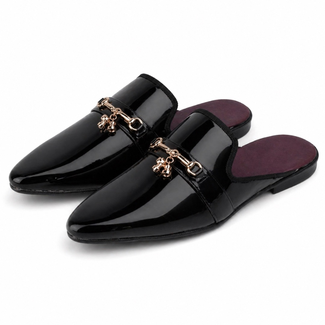 Glossy Black Pointed Mule Loafers